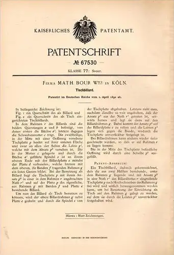 Original Patentschrift -  Firma Math. Bour in Köln , 1892 , Tischbillard , Billard !!!