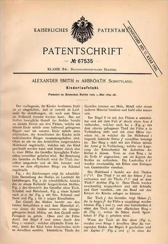 Original Patentschrift - Alexander Smith in Arbroath , Scotland , 1892 , chair for children , walker , wheelchair !!!
