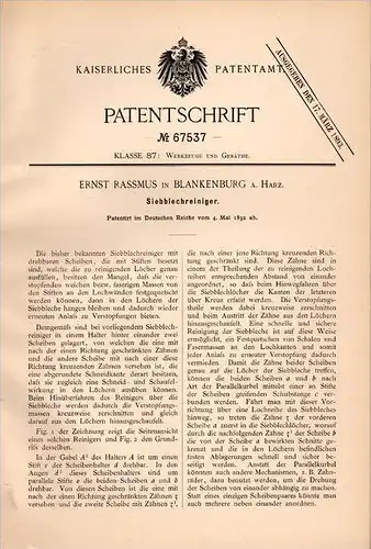 Original Patentschrift - Ernst Rassmus in Blankenburg a. Harz , 1892 , Siebblechreiniger , Metallbau , Werkzeug !!!