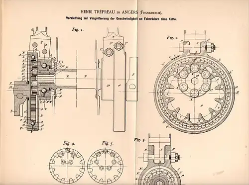 Original Patentschrift - Henri Trépreau dans Angers , 1882 , Appareil pour vélo sans chaîne !!!