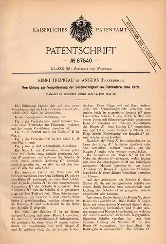 Original Patentschrift - Henri Trépreau dans Angers , 1882 , Appareil pour vélo sans chaîne !!!