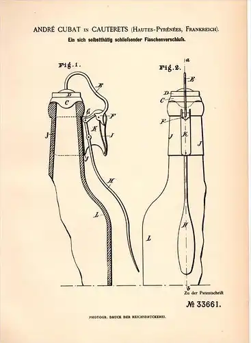 Original Patentschrift - André Cubat dans Cauterets , Hautes Pyrénées , 1885 , Bouchon auto-obturant pour bouteilles !!!