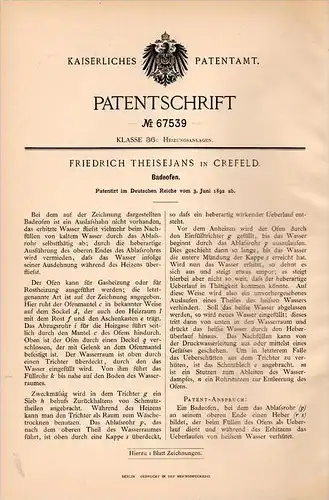 Original Patentschrift - Friedrich Theisejans in Crefeld , 1892 , Badeofen , Ofen , Heizung , Sanitär , Krefeld !!!