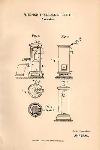 Original Patentschrift - Friedrich Theisejans in Crefeld , 1892 , Badeofen , Ofen , Heizung , Sanitär , Krefeld !!!