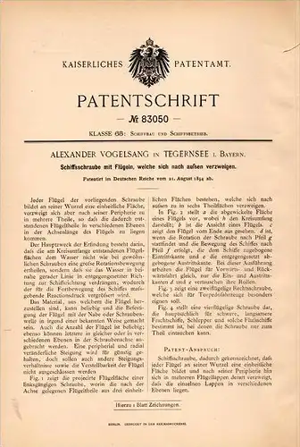 Original Patentschrift - A. Vogelsang in Tegernsee i. Bayern , 1894 , Schiffschraube , Schiffbau , Schiff , Werft !!!