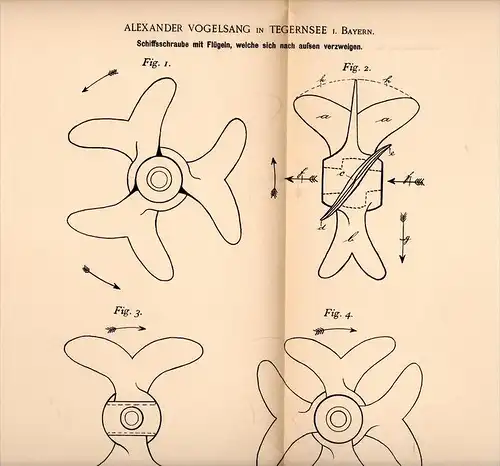 Original Patentschrift - A. Vogelsang in Tegernsee i. Bayern , 1894 , Schiffschraube , Schiffbau , Schiff , Werft !!!