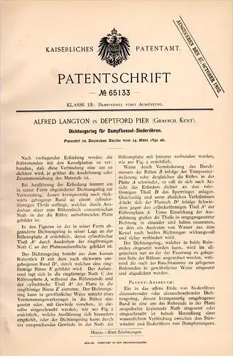Original Patentschrift - A. Langton in Deptford Pier , 1892 , Seal ring for steam engine, steam boiler !!!