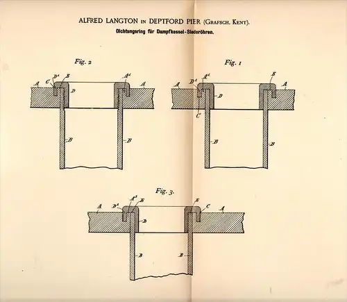Original Patentschrift - A. Langton in Deptford Pier , 1892 , Seal ring for steam engine, steam boiler !!!