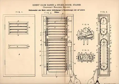 Original Patentschrift - E. Haines in Hygeia House , Staines , 1891 , Detector for railway station !!!