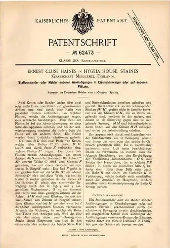 Original Patentschrift - E. Haines in Hygeia House , Staines , 1891 , Detector for railway station !!!