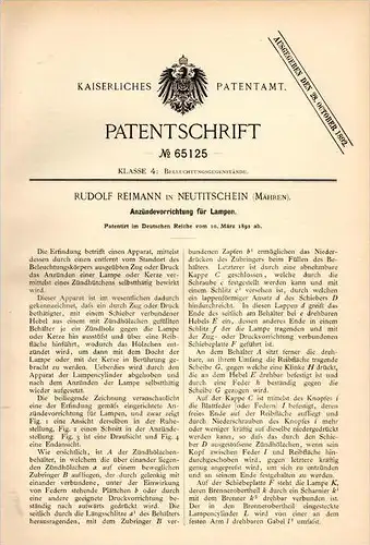 Original Patentschrift - R. Reimann in Neu Titschein / Nový Ji&#269;ín , 1892 , Anzündeapparat für Lampen , Leuchter , L