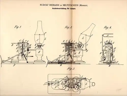 Original Patentschrift - R. Reimann in Neu Titschein / Nový Ji&#269;ín , 1892 , Anzündeapparat für Lampen , Leuchter , L