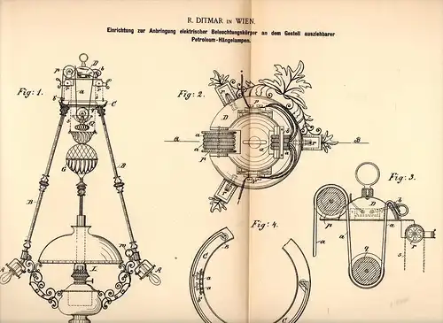 Original Patentschrift - R. Ditmar in Wien , 1892 , elekrische Beleuchtungskörper , Leuchter , Lampen , Anbringung !!!