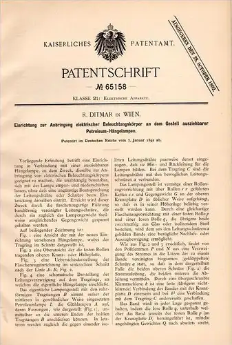 Original Patentschrift - R. Ditmar in Wien , 1892 , elekrische Beleuchtungskörper , Leuchter , Lampen , Anbringung !!!