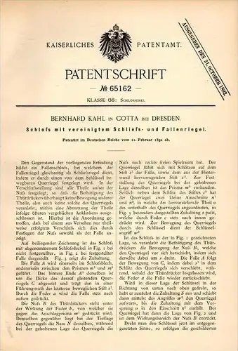 Original Patentschrift - Bernhard Kahl in Cotta b. Dresden , 1892, Schloß mit Fallenriegel , Schlüsseldienst , Türschloß