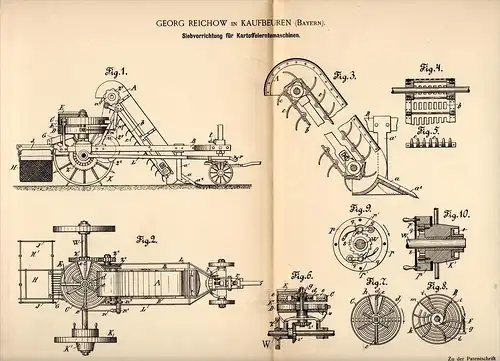 Original Patentschrift - Georg Reichow in Kaufbeuren , 1891 , Siebapparat für Kartoffelerntemaschinen , Landwirtschaft !