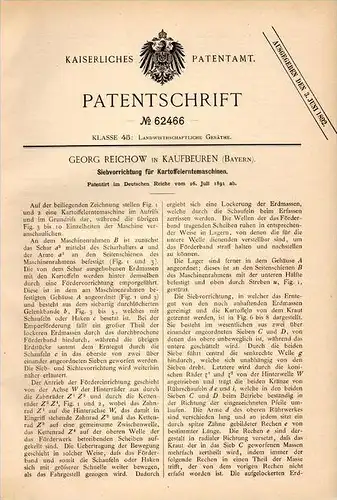 Original Patentschrift - Georg Reichow in Kaufbeuren , 1891 , Siebapparat für Kartoffelerntemaschinen , Landwirtschaft !