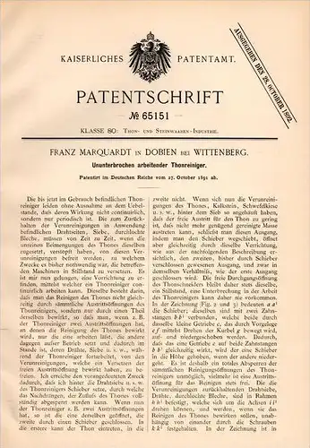 Original Patentschrift - Franz Marquardt in Dobien b. Wittenberg , 1891 , Thonreiniger , Thon , Töpferei !!!