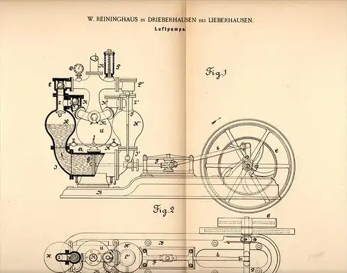 Original Patentschrift - W. Reininghaus in Drieberhausen b. Gummersbach , 1891 , Luftpumpe , Pumpe , Gebläse !!!