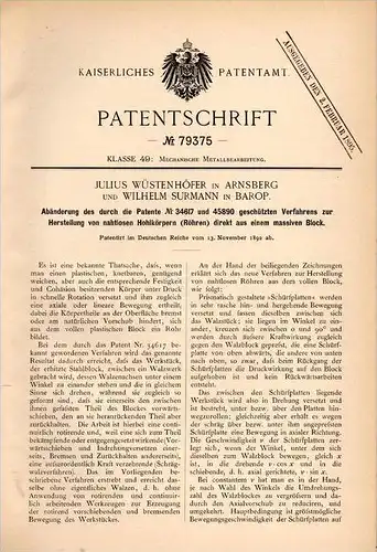 Original Patentschrift - J. Wüstenhöfer in Arnsberg und W. Surmann in Barop , 1892 , Herstellung von Röhren , Dortmund !
