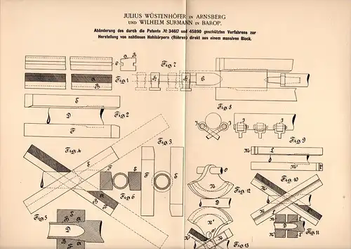 Original Patentschrift - J. Wüstenhöfer in Arnsberg und W. Surmann in Barop , 1892 , Herstellung von Röhren , Dortmund !
