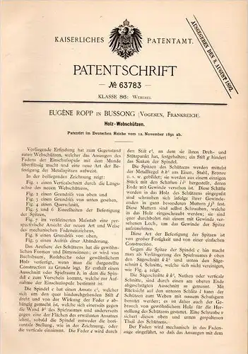 Original Patentschrift - Eugene Ropp dans Bussang , Vosges , 1891 , Navettes pour métier à tisser !!!