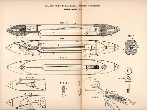 Original Patentschrift - Eugene Ropp dans Bussang , Vosges , 1891 , Navettes pour métier à tisser !!!