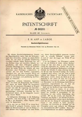 Original Patentschrift - E.H. Arp in Laboe , 1891 , Geschwindigkeitsmesser , Tachometer , Tacho  !!!