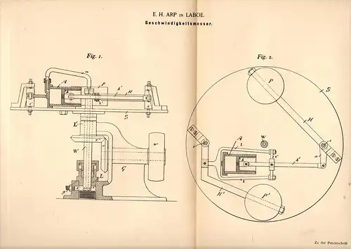 Original Patentschrift - E.H. Arp in Laboe , 1891 , Geschwindigkeitsmesser , Tachometer , Tacho  !!!