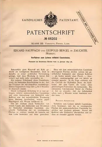 Original Patentschrift - E. Rauppach und L. Bergel in Zauchtel / Suchdol nad Odrou , 1892 , Leimen mit Casein , Leim !!!