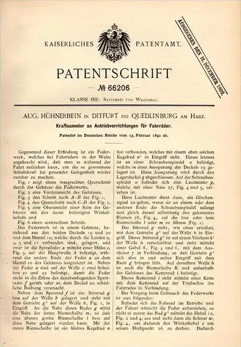 Original Patentschrift - A. Hühnerbein in Ditfurt b. Quedlinburg a. Harz , 1892 , Fahrrad - Kraftsammler !!!