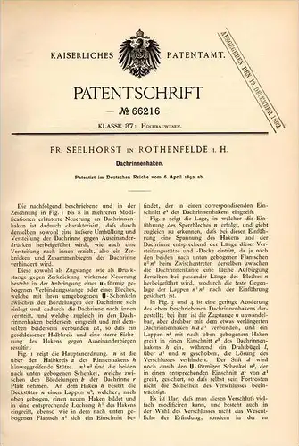 Original Patentschrift - Fr. Seelhorst in Rothenfelde i.H., 1892 , Haken für Dachrinne , Dachdecker , Dach !!!