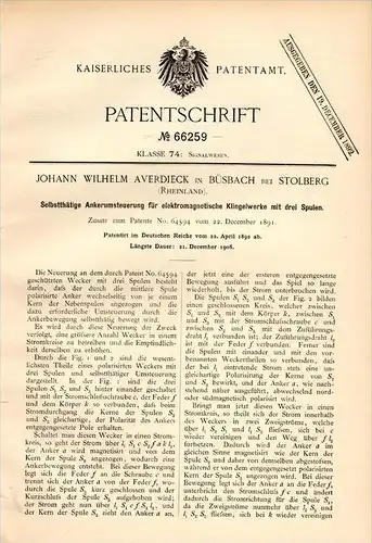 Original Patentschrift - J. Alverdieck in Büsbach b. Stolberg , 1892, Ankerumsteuerung für Klingelwerk , Signal , Wecker