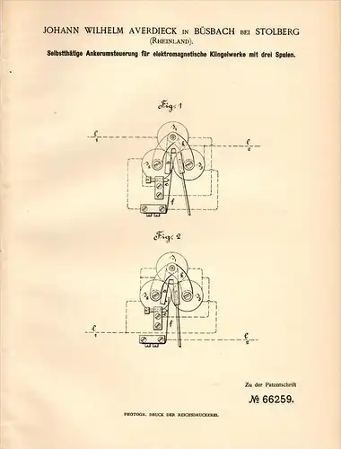 Original Patentschrift - J. Alverdieck in Büsbach b. Stolberg , 1892, Ankerumsteuerung für Klingelwerk , Signal , Wecker