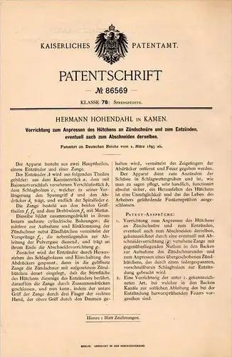 Original Patentschrift - H. Hohendahl in Kamen , 1895 , Zündschnur - Vorrichtung für Sprengstoff , Zünder !!!