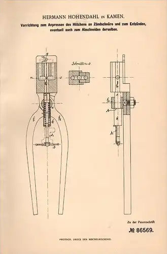 Original Patentschrift - H. Hohendahl in Kamen , 1895 , Zündschnur - Vorrichtung für Sprengstoff , Zünder !!!