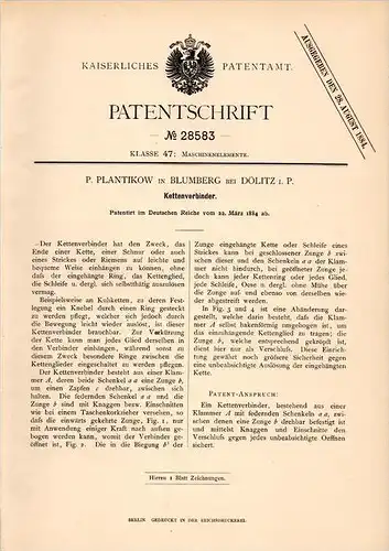 Original Patentschrift -P. Plantikow in Blumberg b. Dölitz / Dolice i. Pommern ,1884, Kettenverbinder , Kette , Stargard