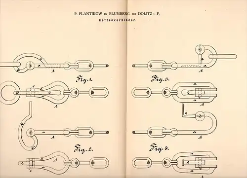 Original Patentschrift -P. Plantikow in Blumberg b. Dölitz / Dolice i. Pommern ,1884, Kettenverbinder , Kette , Stargard