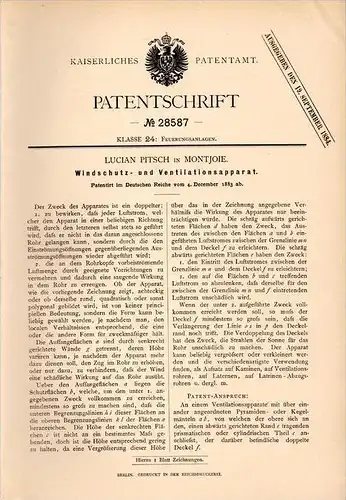 Original Patentschrift - Lucian Pitsch in Montjoie / Monschau , 1883 , Windschutz- und Ventilationsapparat , Heizung !!!