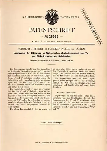 Original Patentschrift - R. Meffert in Schneidhausen b. Düren , 1884 , Lagersystem für Walzenstraßen , Metallbau !!!