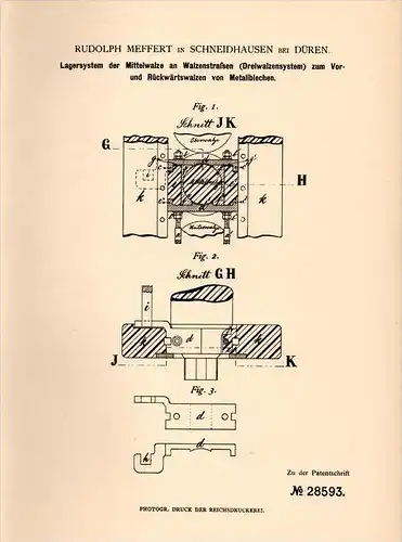 Original Patentschrift - R. Meffert in Schneidhausen b. Düren , 1884 , Lagersystem für Walzenstraßen , Metallbau !!!