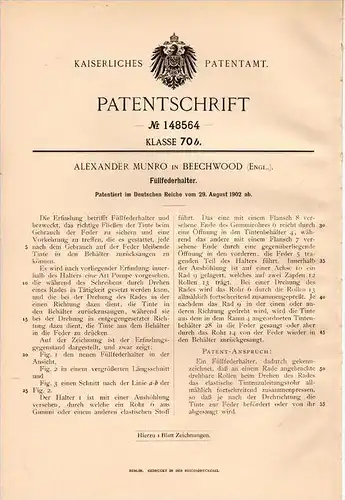 Original Patentschrift - A. Munro in Beechwood , 1902 , fountain pen , Füllfederhalter , Federhalter , Faber , Pelikan !