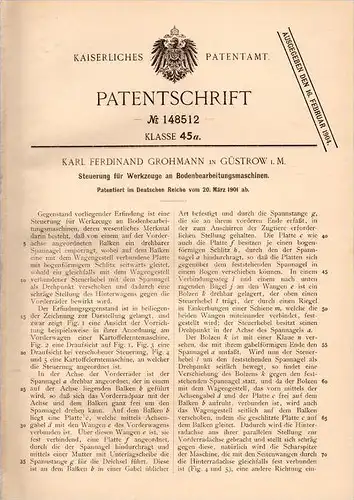 Original Patentschrift - K. Grohmann in Güstrow i. Meckl., 1901 , Steuerung für Bodenbearbeitungsmaschinen , Agrar !!!