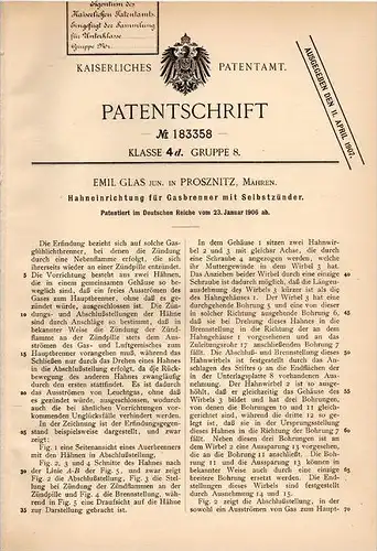Original Patentschrift - Emil Glas in Proßnitz / Prostejov , Mähren , 1906 , Apparat für Gasbrenner , Brenner !!!