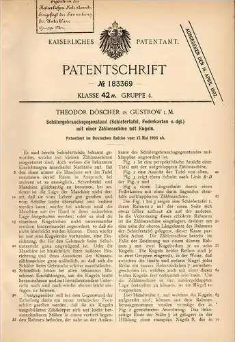 Original Patentschrift - Th. Döscher in Güstrow i. Meckl., 1906 , Schiefertafel mit Rechner , Mathematik , Schule !!!