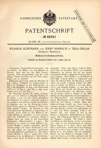 Original Patentschrift - W. Lichtmann und J. Maibaum in Tiszaeszlár , 1892 , Erntemaschine , Agrar , jewish , Jude !!!