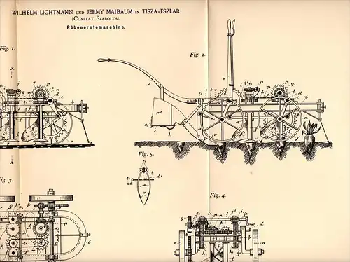 Original Patentschrift - W. Lichtmann und J. Maibaum in Tiszaeszlár , 1892 , Erntemaschine , Agrar , jewish , Jude !!!