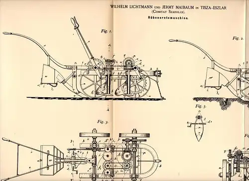 Original Patentschrift - W. Lichtmann und J. Maibaum in Tiszaeszlár , 1892 , Erntemaschine , Agrar , jewish , Jude !!!