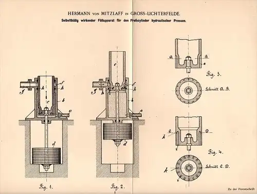 Original Patentschrift - Hermann von Mitzlaff in Lichterfelde , 1899, Apparat für hydraulische Pressen , Presse , Berlin