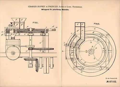 Original Patentschrift - Ch. Duprey à Palinges , 1895 , Dispositif de mesure pour la poudre , du ciment !!!